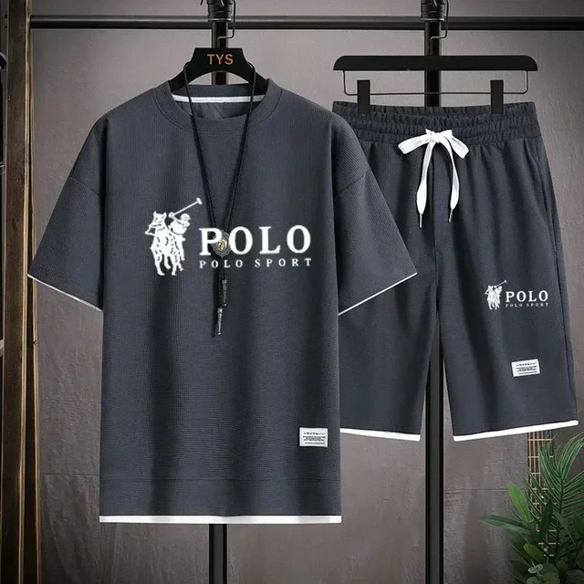 Ensemble gaufré décontracté respirant pour homme : T-shirt à manches courtes et short de sport deux pièces, idéal pour l'été 1
