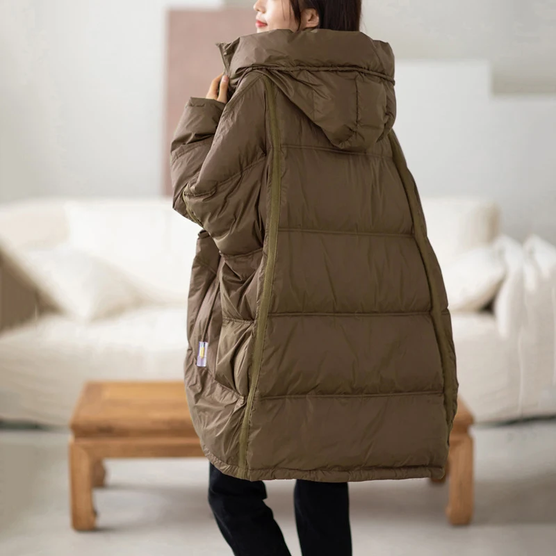 Lagabogy 2024 New Winter Women 90% White Duck Down Jacket Casual Loose Over Size Warm Parka Female Drawstring Hooded Puffer Coat 5