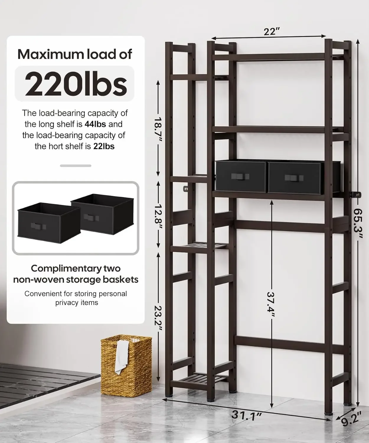 with Basket and Drawer, Bamboo Bathroom Organizer with Adjustable Shelf & Waterproof Feet Pad, Rack for Restroom, Laundry, Brown 2