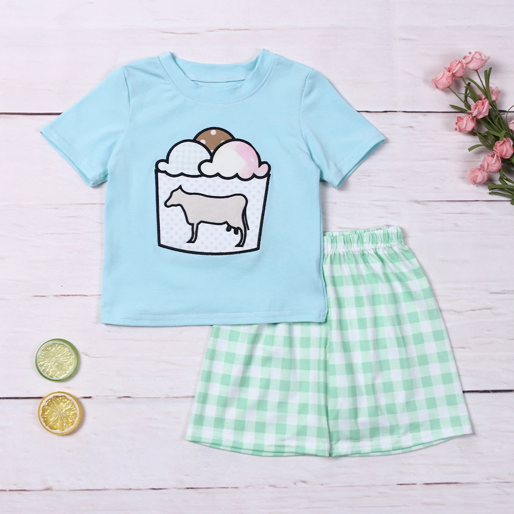 

Summer Mint 1-8T Outfits Baby Boy Clothes Set Ice Cream mbroidery Bodysuit Toddler Sleeve Babi Bluey T-shirt Lattices Shorts