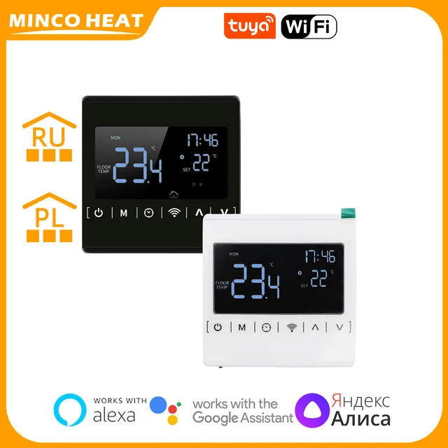 เครื่องควบคุมอุณหภูมิหน้าจอสัมผัสแบบเต็ม WiFi เครื่องควบคุมอุณหภูมิความร้อนใต้พื้นหลังสีดำแรงดันไฟฟ้ากว้าง 1