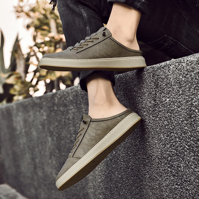 

Outdoor Half Shoes Mens Black Loafers Slippers Genuine Leather Casual Driving Shoes Loafer Lightweight Breathable Flats Sandals