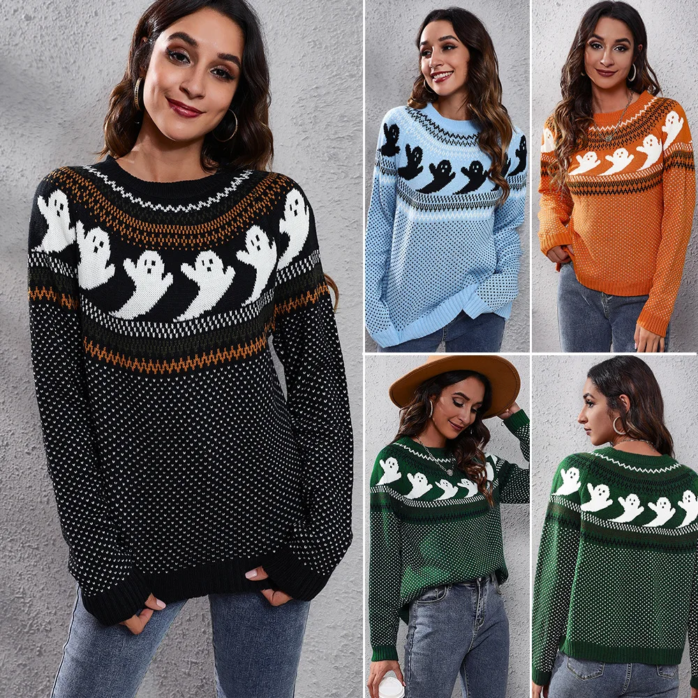 

Halloween Ghost Retro Polka Dot Long-sleeved Knitted Sweater Women Loose Autumn and Winter