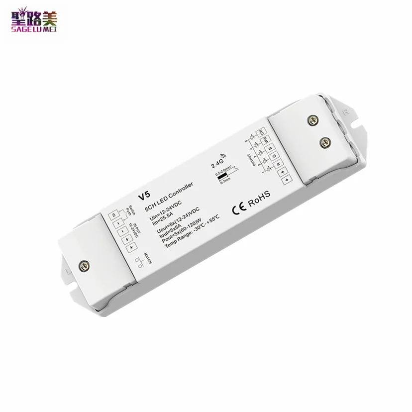 

5 Channel 12V-24VDC CV RGB+CCT Controller Push Dim V5 2.4G RF Dimmer Step-less dimming For SMD5050 RGB LED Strip Light Tape