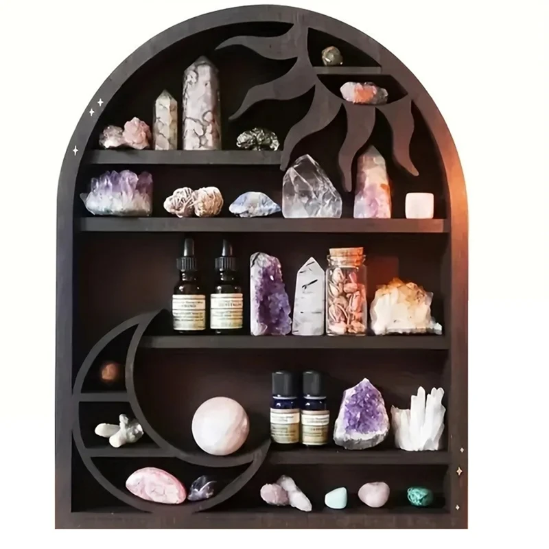Wood Storage Shelf - Stylish And Practical Wall Shelf, Crescent Sun And Moon Crystal Shelf 3