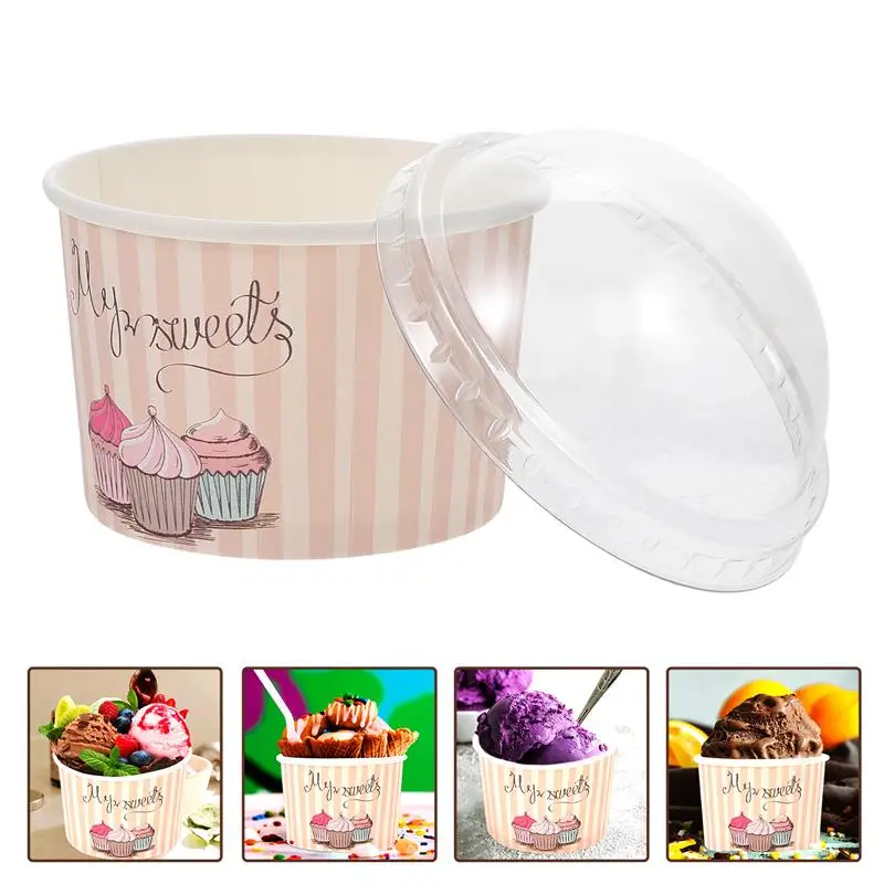 Disposable Paper Cups 50 Sets Yogurt Bowl Ice Cream Cups Bowls Lidded Cake Bowls Milk Pudding With Cover