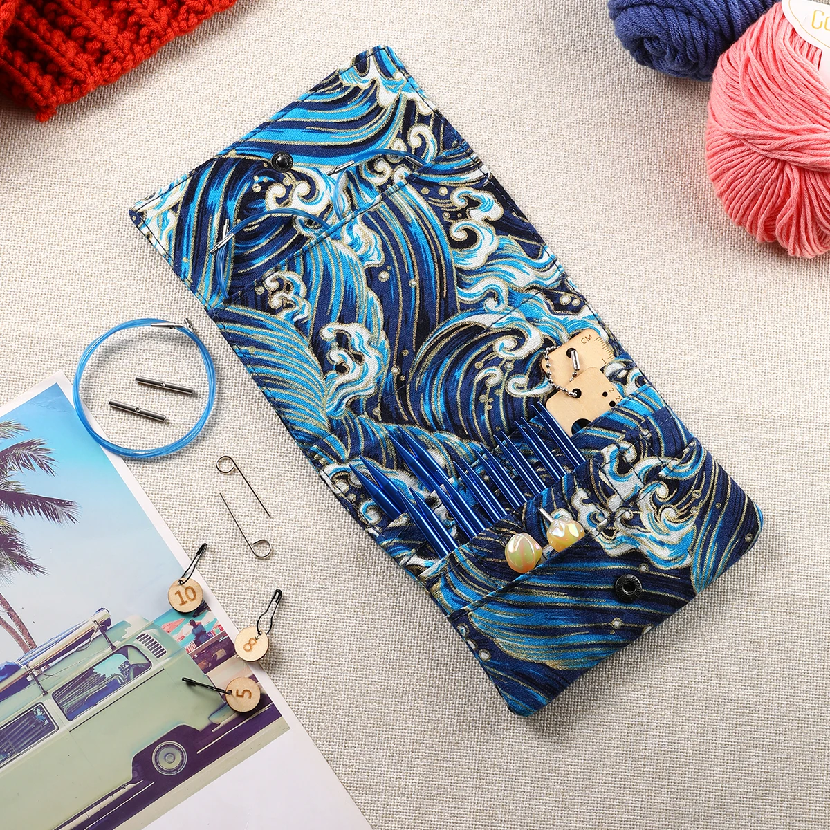 New 18PCS Interchangeable Crochet Needles Set Aluminum Circle Knitting Needles Blue Color Bag with Sewing Tool Accessory Gift