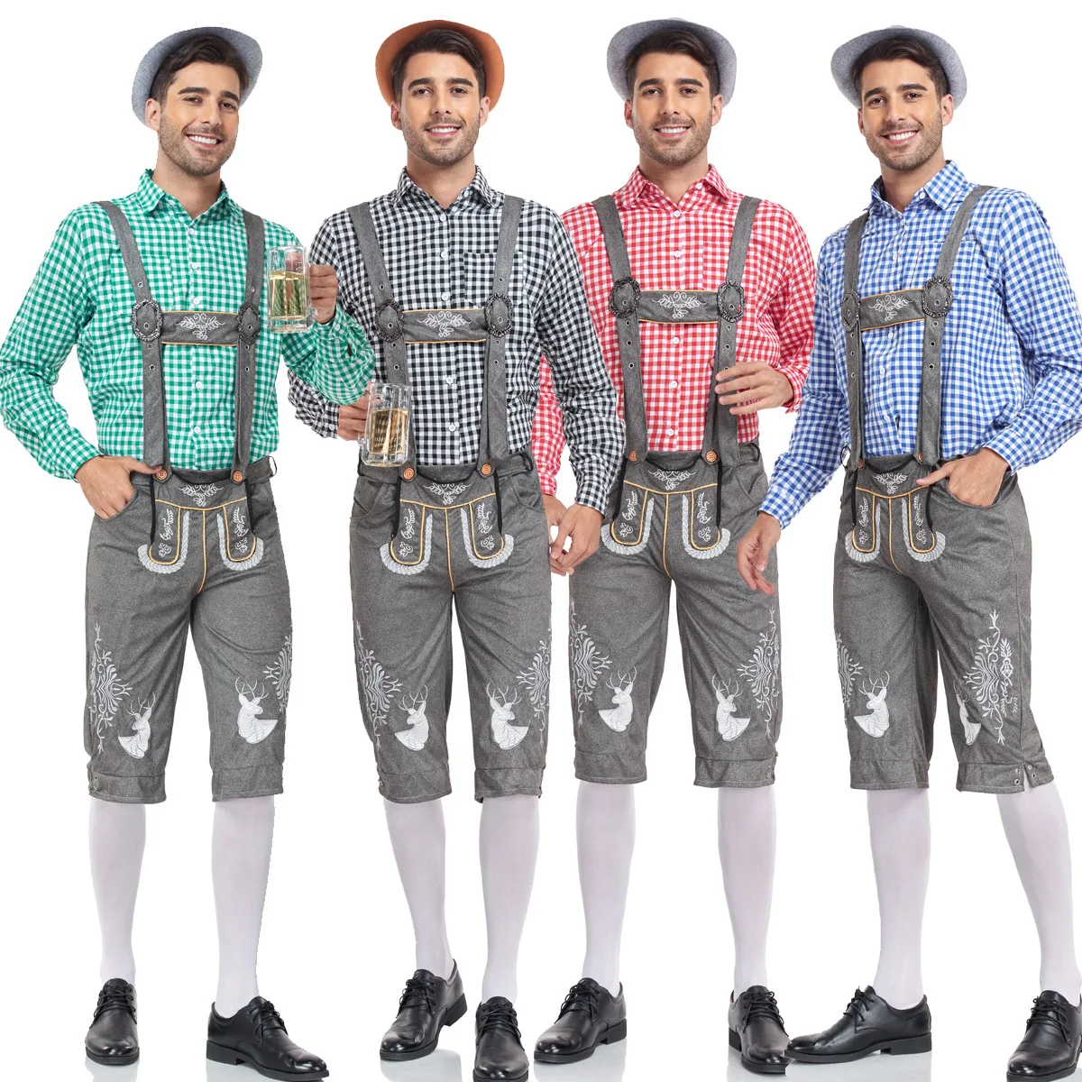 

German Traditional Oktoberfest Beer Dress Plaid Shirt Men's Beer Suspenders Suit