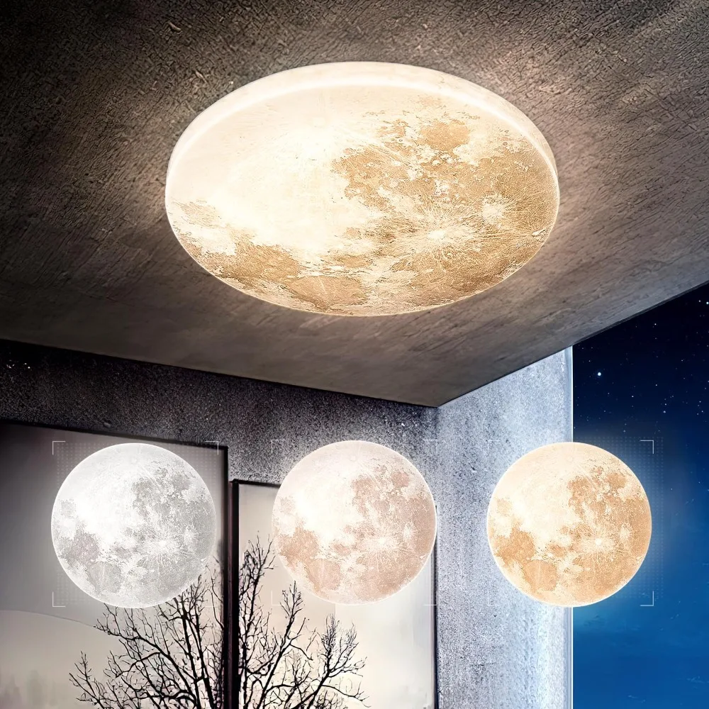 

13.8IN Moon-style Dimmable Flush Mount Ceiling Light Fixture, 3000K/4000K/6500K Changeable Color by Wall Switch (No Remote)