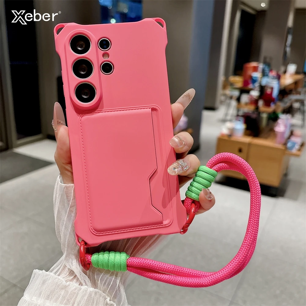 Braided Crossbody Strap Lanyard Phone Case with Card Holder and Silicone Cover