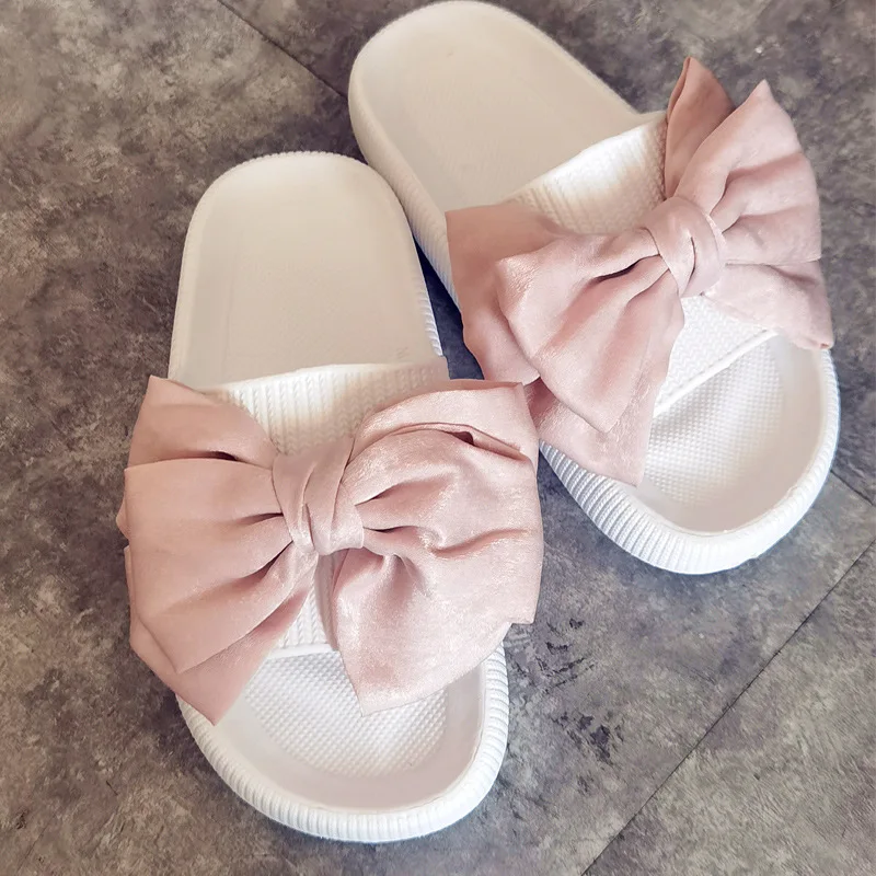 New bow tie Slippers Women Summer Thick Indoor Home Sandals Couples Bathroom Slides Non-slip Soft House Slippers femme