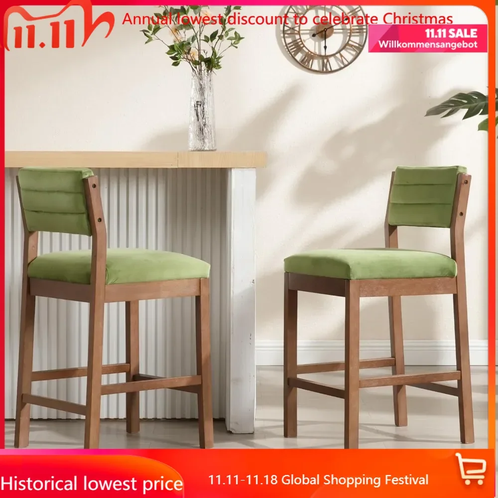 26&rdquo; Counter Height Bar Stools Set of 2 Velvet Upholstered Kitchen Island Stools with Back Mid Century Rectangle Wood Barstools