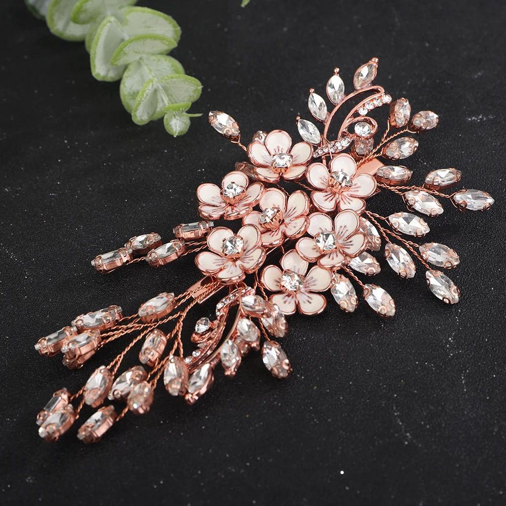 Trendy Silver Rhinestone Bridal Hair Clip Gold Flowers Wedding Hair Accessories Jewelry Handmade Party Headpiece for Women Tiara