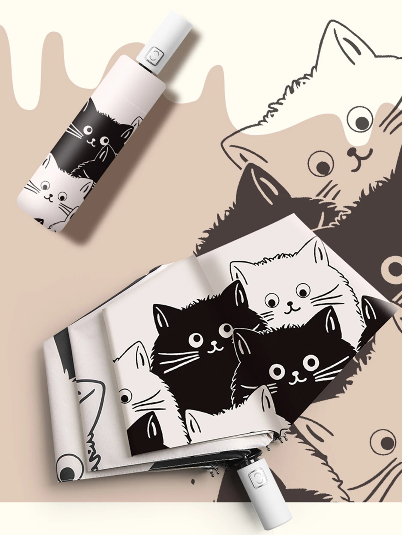 Umbrella Automatic Sunscreen Black Coating Cute Cat Three-Folding Umbrella Rai folding umbrella automatic umbrella sun umbrella automatic sun umbrella