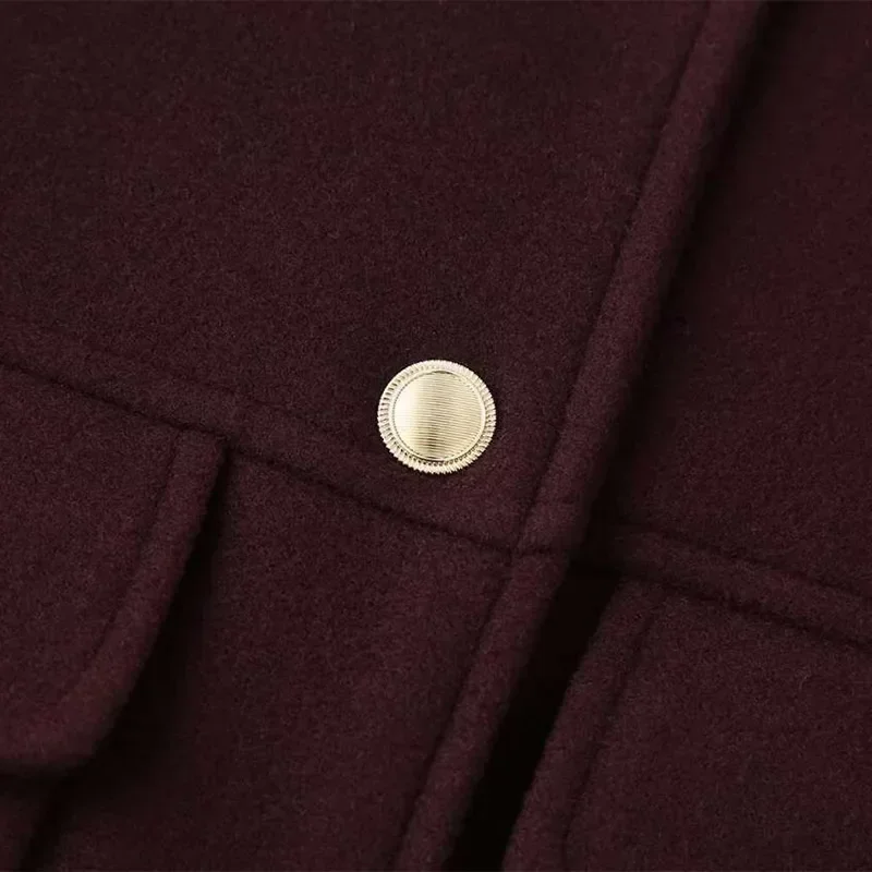 Burgundy Color Woolen Jacket For Women Stand Collar Single Breasted Pocket Thick Short Coat Autumn Lady Commute Outwear New