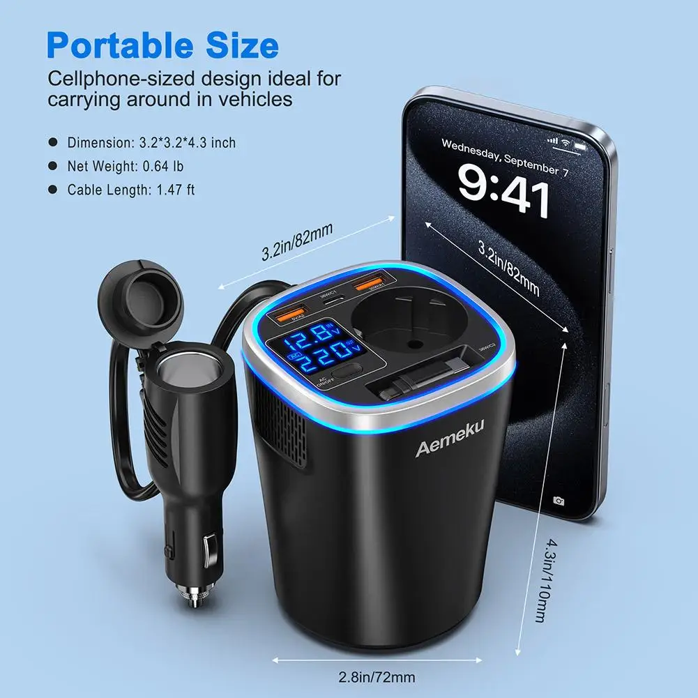 새로운 컵형 디자인 차량용 인버터 300W 12V-220V 차량용 변환 소켓 디지털 디스플레이 USB/타입 C 충전기 차량용 전원 변환기