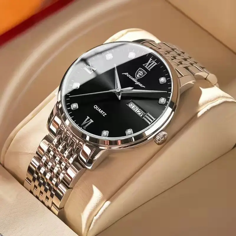 Vente Montre Quartz Casuelle de Luxe pour Hommes POEDAGAR,Lumineuse,Étanche,Date,Semaine,Boîtier Tonneau,Montre-bracelet en Acier Inoxydable - Banggood ançais Mobile