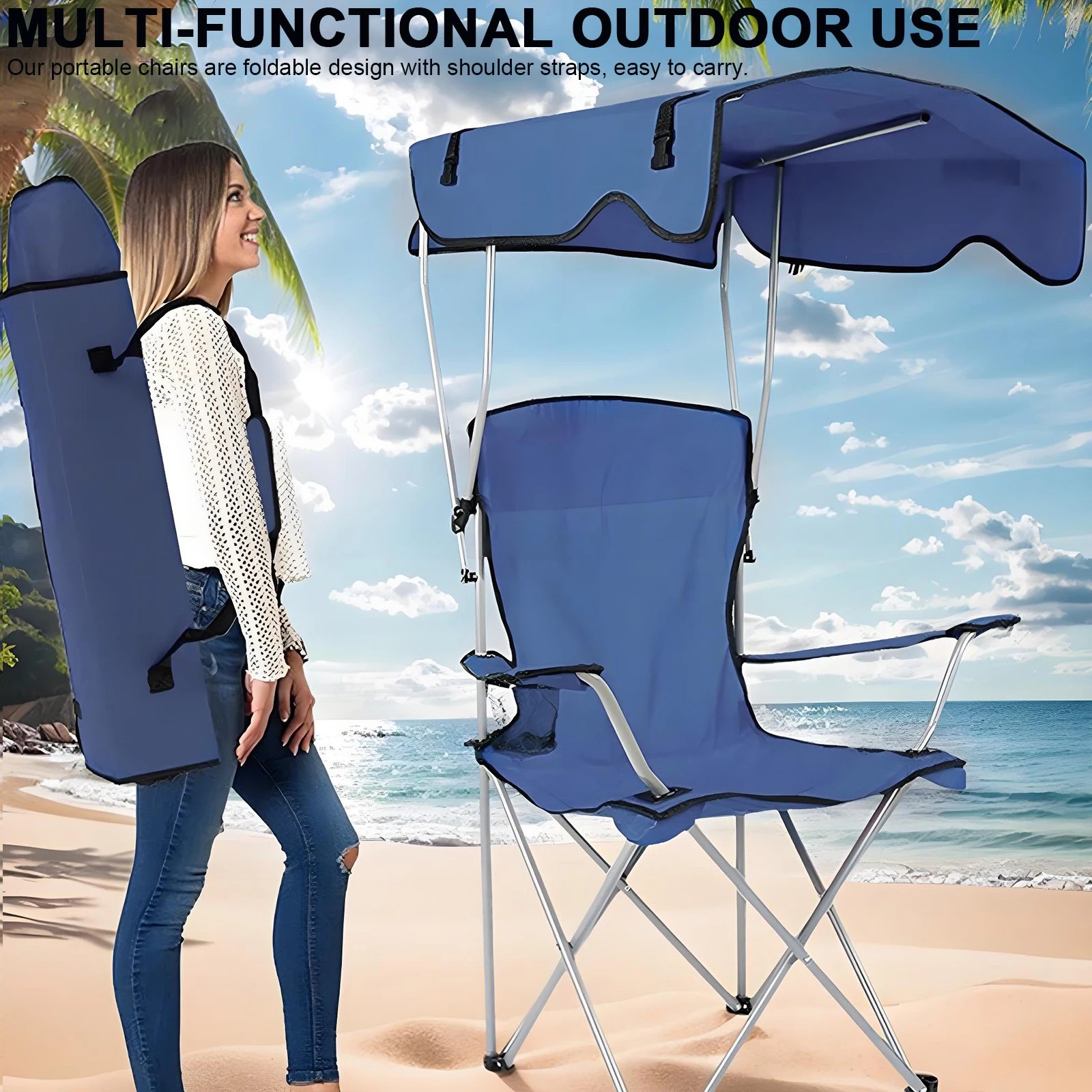 Large Camping Lawn Chair with Ceiling & Cup Holder Folding Fishing Chair Waterproof Portable Sunshade Chair for Poolside Travel