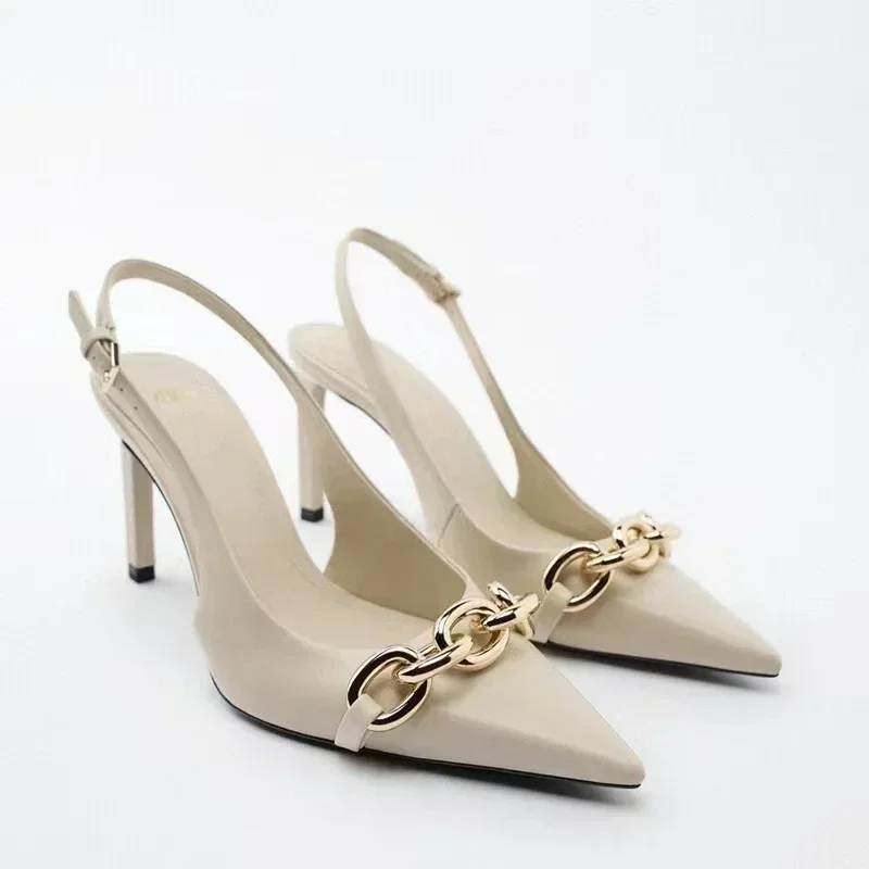 New Summer Sexy Slingback Sandals Women High Heel Metal Chain Design Fashion Pointed Toe Women Party High Heel Sandals