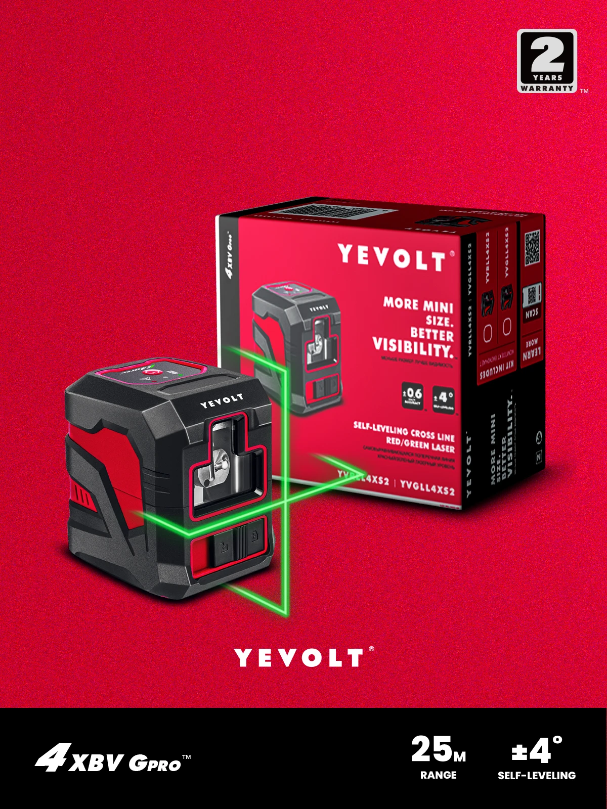 

YEVOLT YVGLL4XS2 Cross Line Green Laser Level 2-Line Construction High Precision Professional Self-leveling Nivel Measuring Tool