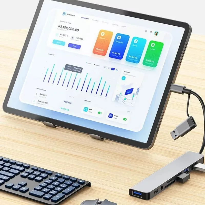 USB Hub Adapter USB C Hub USB Splitter 8 in 2 Extender 4 Port 1 USBC Port TF/SD Card Reader Audio Output for MacBook