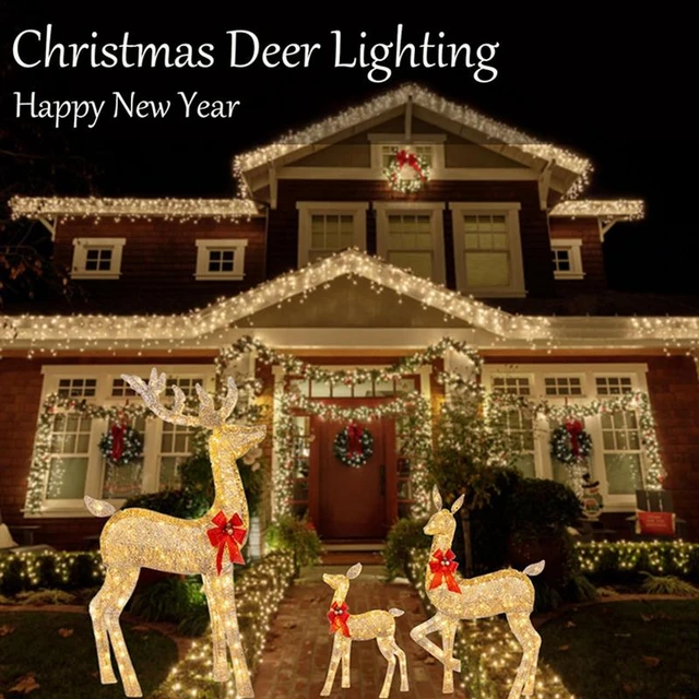 Christmas 3D Street Deer Outdoor Decoration Golden Lighted Dreamy Standing  Reindeer Fawn Statue Garden Backyard Christmas