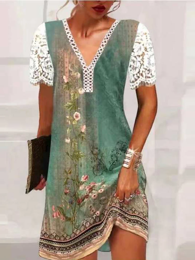 

Women Summer V-Neck Lace Cutout Fashion Party Evening Dresses For Women's Sexy Retro Short Sleeve Casual Elegant Holiday Dress
