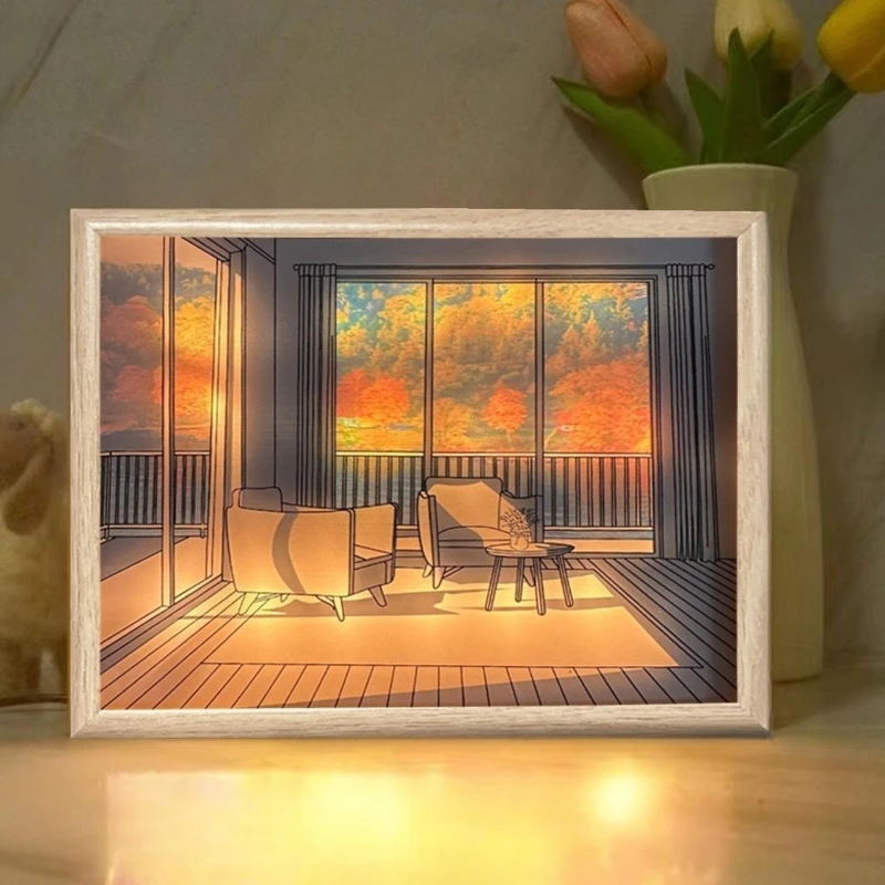 

INS Deco Led Light Painting USB Plug Dimming Wall Table Lamp Artwork Gift Indoor Sunlight Window Wooden Photo Night Luminous