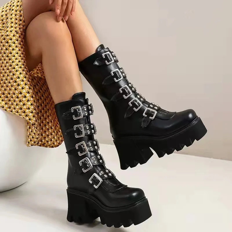 

2022 New Ladies Punk Rock Platform High-heeled Boots with Thick-soled Platform Handsome Rear Zipper Large Size Stage Boots