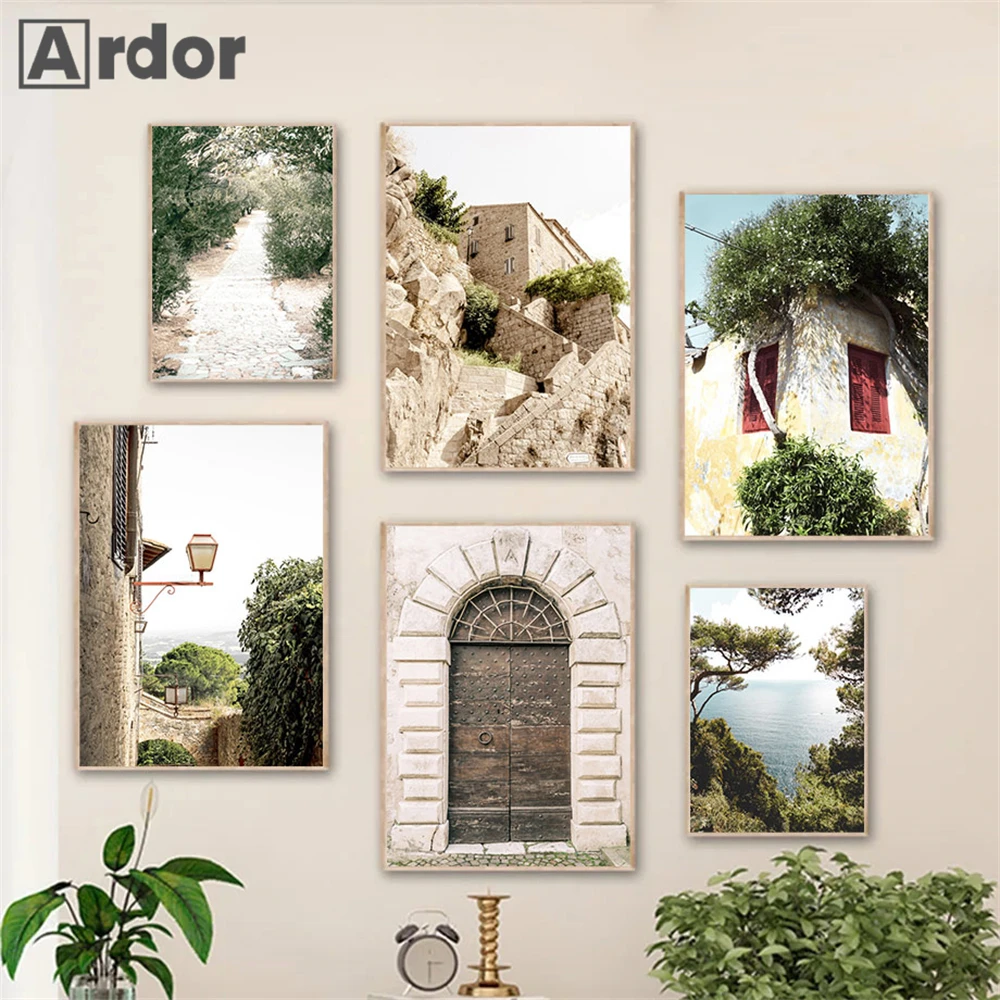 

Village Scenery Posters Canvas Painting Plants Tree Wall Art Print Window Door Poster Nordic Wall Pictures Living Room Decor