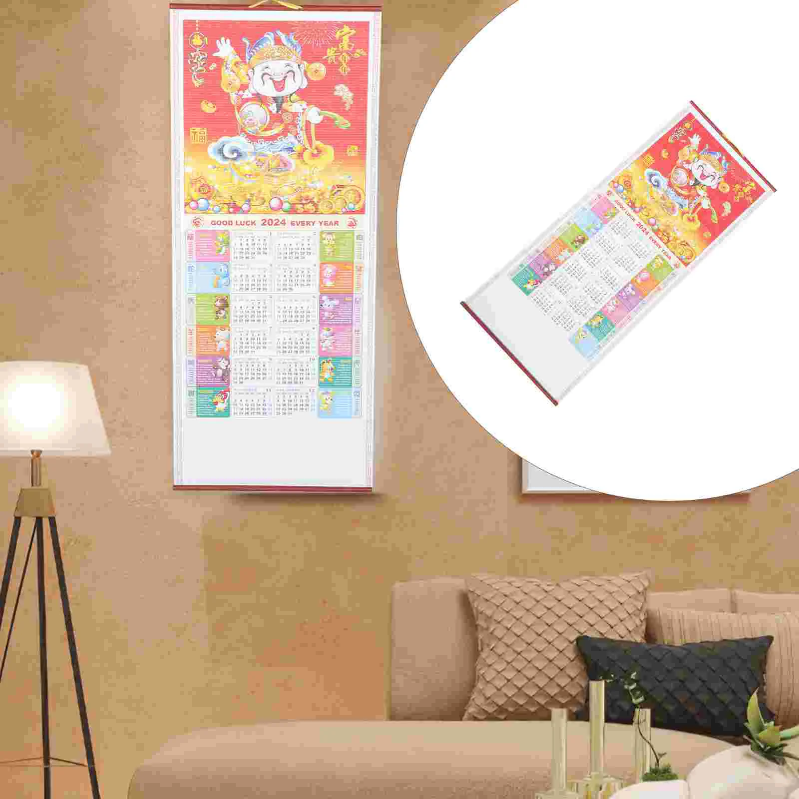 Chinese New Year Wall Hanging Calendars Traditional Scroll Lunar Calendar Ornament Year Of Dragon Home Decoration