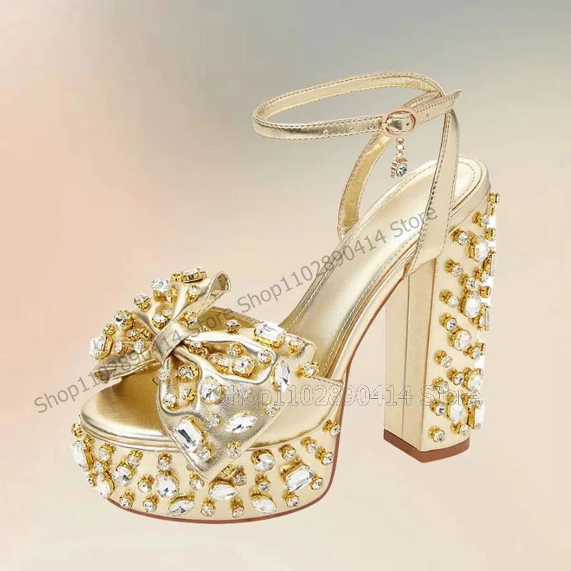 

Gold Glitter Crystal Bow Knot Platform Sandals Ankle Buckle Strap Women Shoes Chunky High Heels Fashion 2024 Zapatos Para Mujere