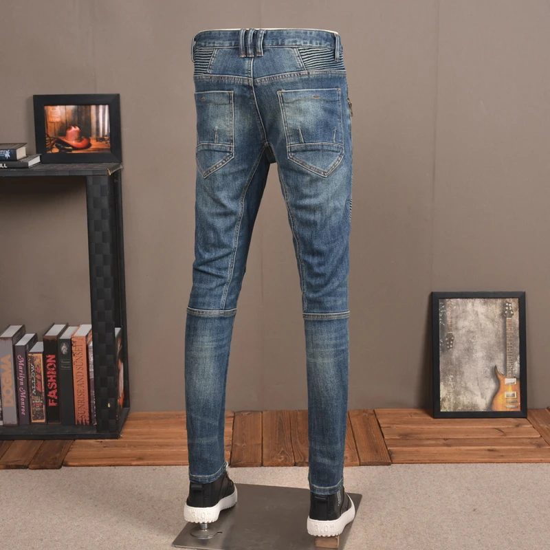Autumn Blue Slim Fit Straight Jeans Men Korean Style Fashion Zipper Patchwork Denim Pants