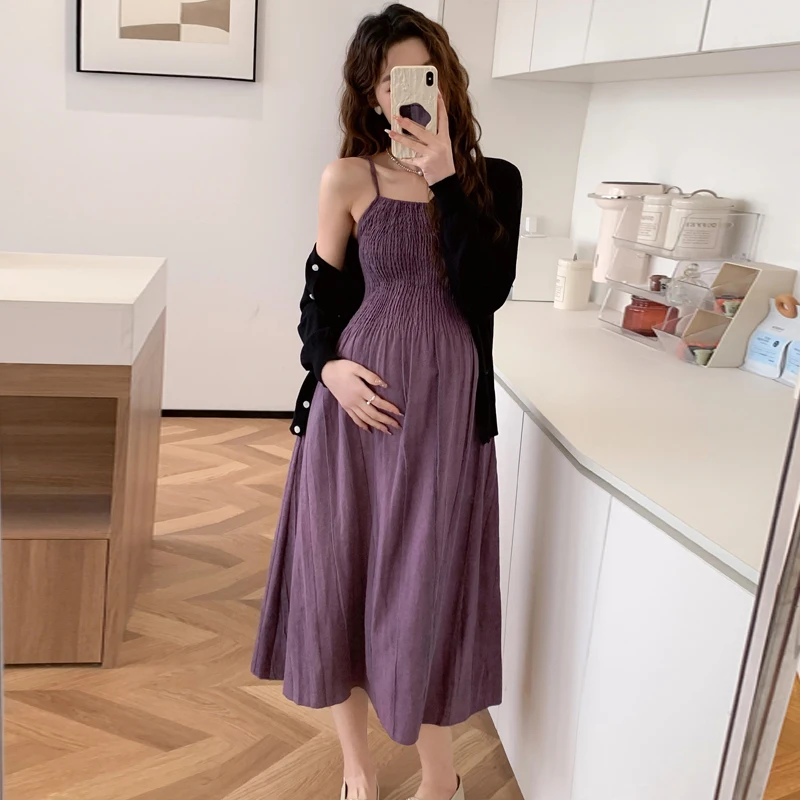 Spring Maternity Dress Suits Long Sleeve Cardigans Strap Dress Twinset Pregnant Woman Clothing Set
