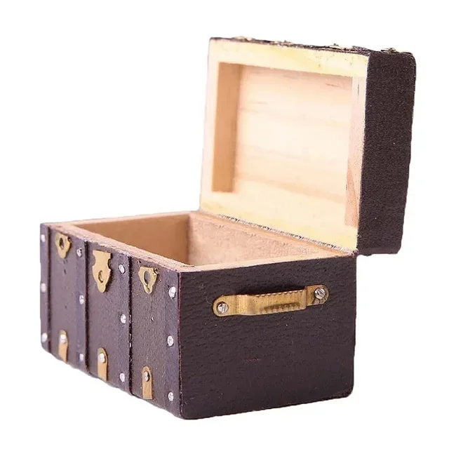 1:12 Scale Doll Brown Leather Wooden Box Case Vintage Case Box Dollhouse Suitcase Furniture Play House Accessories 5