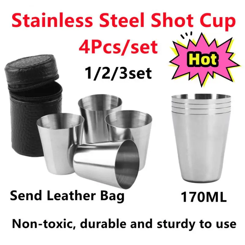 

4Pcs/set Polished 170ML Mini Stainless Steel Shot Glass Cup Wine Drinking Glasses With Leather Cover Bag For Home Kitchen Bar