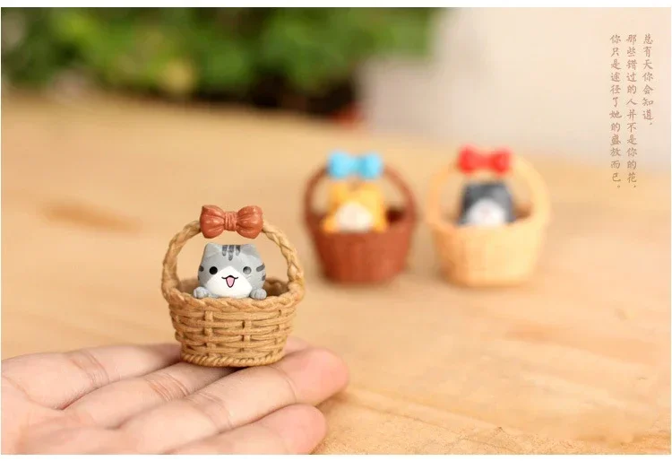 4 pcs Creative Cartoon Cat Kids  Toy Bamboo Basket Japan Cat Figurine  Japonaise Pvc Miniature Figurines Home Decoration