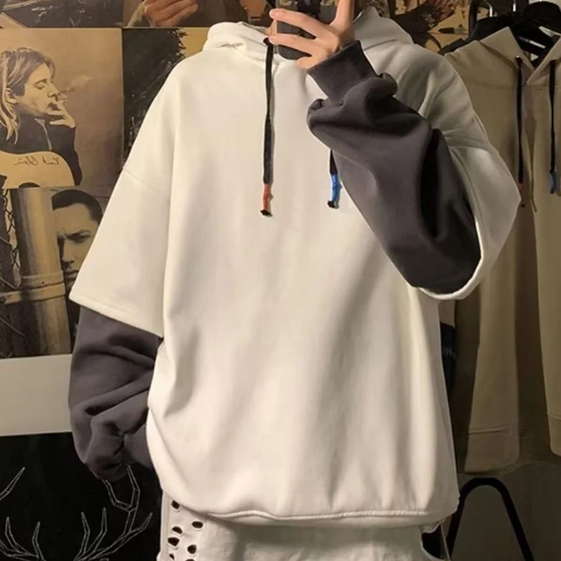 Winter Round Neck Long Sleeve Fashion Sweatshirts Man High Street Casual Loose Pullovers Fake Two Pieces Thick Drawstring Hoodie 4