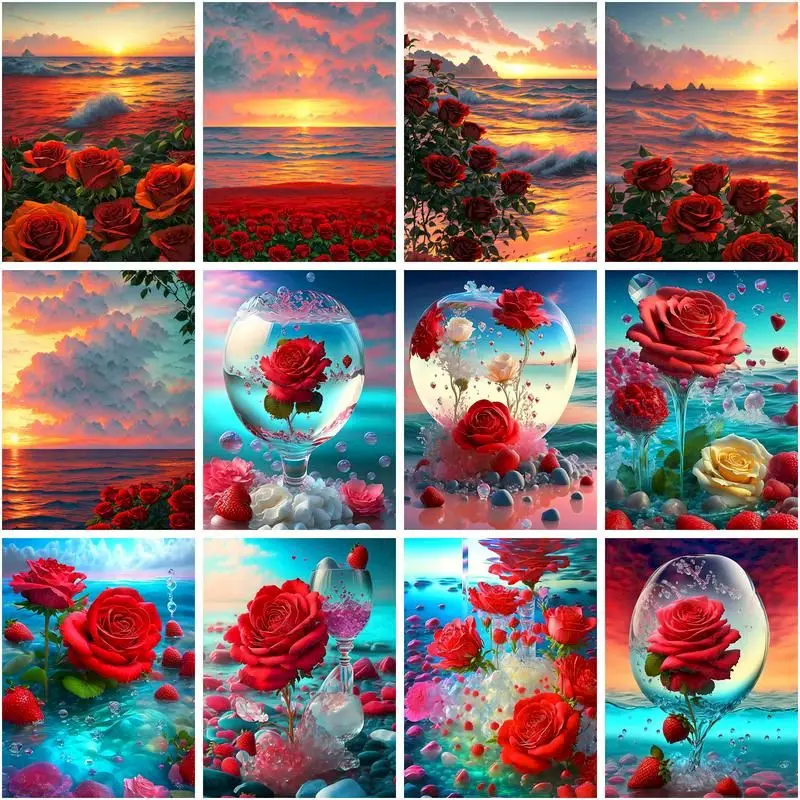

CHENISTORY 5D DIY Diamond Art Painting Kits Red Flower Diamond Mosaic Full Embroidery Rose Handmade Gift Home Decor
