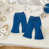 Baby Clothing 2024 Autumn Kids Pants Girls Simple Slim-fit Flare Casual All Match Casual Simple Baby Fashionable Denim Pants 1