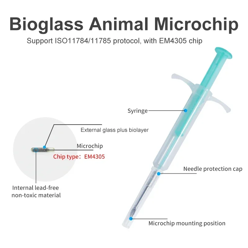 Pet Microchip Syringe 100pcs/Pack Pet EM4305 Microchip 134.2KHz FDX-B Animal ID Chip Animal Microchip Syringe International Standard