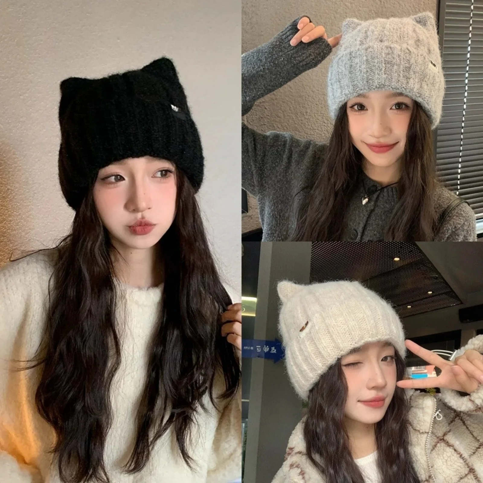 Cat Ear Knitted Beanies Cute Winter Warm Wool Hats For Women Korean Style Fashion Headwear