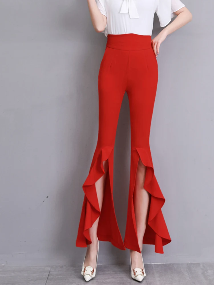 

2022 Boot Cut Pants Women's Spring Summer Korean Style Slim Slit Irregular Fashion Square Dance High Waist Trousers Woman F242