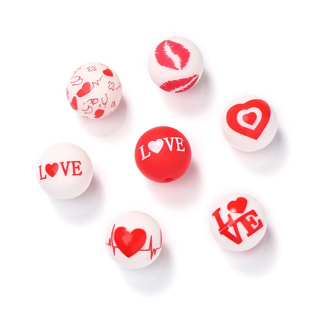 Baby Teether Round 15mm Love Heart Print Silicone Bead DIY Newborn Gift Pacifier Necklace Chain 10pcs teething toys silicone teething toys baby teething toys silicone beads silicone teether silicone teething beads