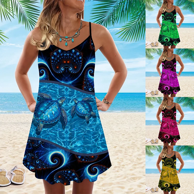 

Женское платье-трапеция без рукавов, Повседневное платье до колена с принтом морской черепахи, весна-лето 2022