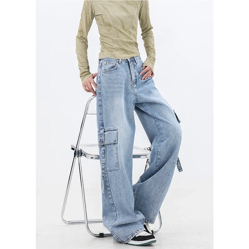 2024 Spring Vintage Y2K High Waist High Street Style Blue Straight Jeans Pockets Pants Women's Wide Leg Baggy Denim Trouser
