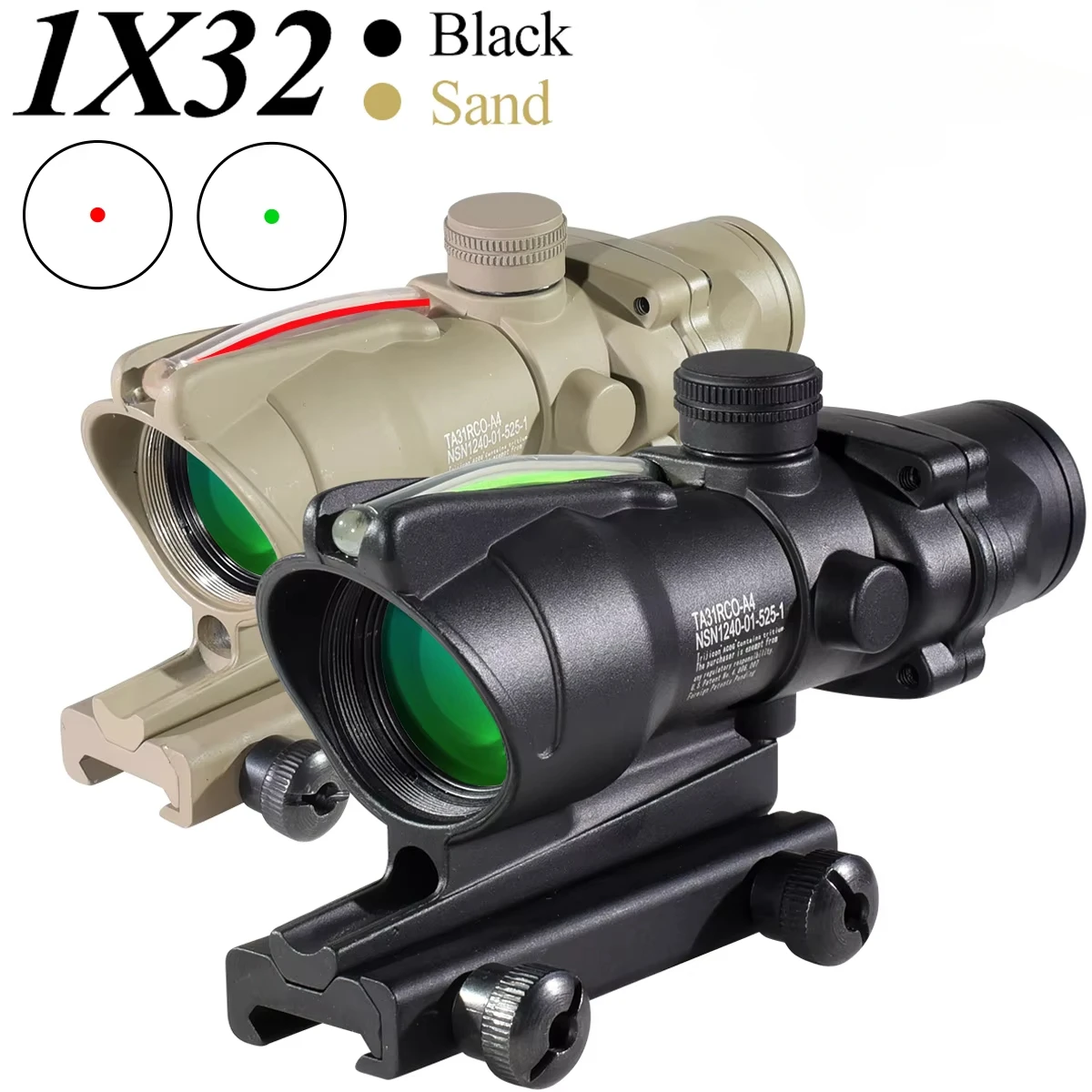1x32 Green/red True Fiber Optic Sight Tactical Reflex Collimator Rifle Accessories for 20mm Rail Mount