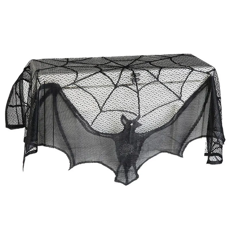 Halloween Decorative Bats Tablecloth Black Lace Spider Web Curtains Stove Towel Lampshade Fireplace Cloth For Spooky Festival