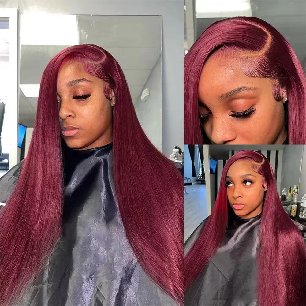 99j Burgundy Straight Lace Front Wigs Human Hair 99J 13X4 13x6 Transparent Lace Frontal Wigs 200 Density