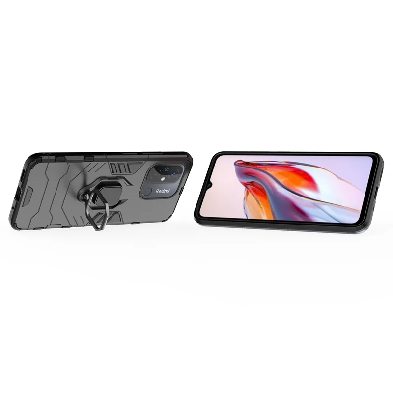 Rugged Shockproof Armor Phone Case with Magnetic Ring Holder and Back Cover in Black